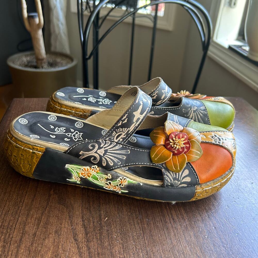 Socofy leather clogs Mary Jane’s bohemian boho colorful floral slip on size 39